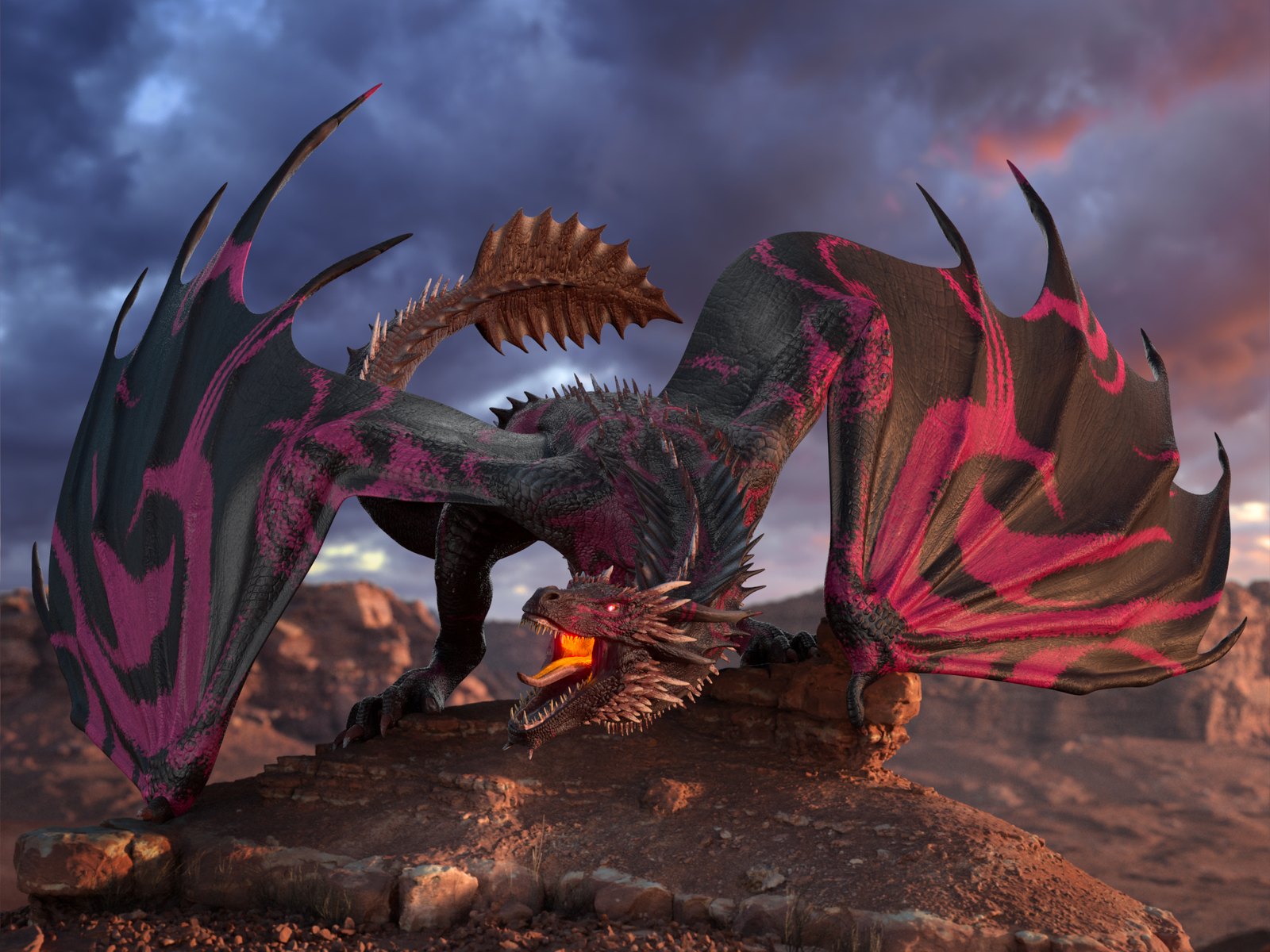 Drakaria Gaming — a fire dragon with ember wings perched over a ruined battlefield