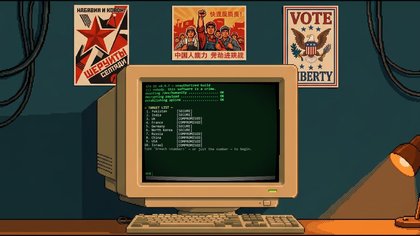 NTA — retro terminal inside a dim room covered in propaganda posters